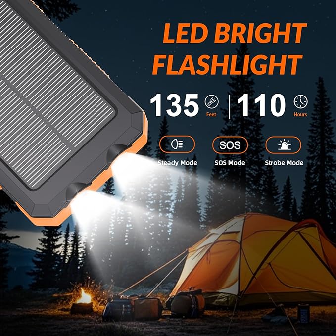 Solar Power Bank 20,000mAh, Portable Phone Charger, 4 Cables Outdoor Waterproof External Backup Power Charger with USB-C for Cell Phones, Solar Battery Pack with Dual Flashlight for Camping