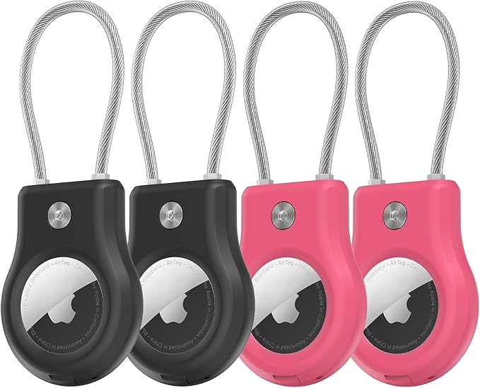 4 Pack Keychain with Secure Lock, Case with Wire Cable,Anti-Lost Protective Case with Keyring for Luggage, Key, Pet, Bag, Black/Fuchsia