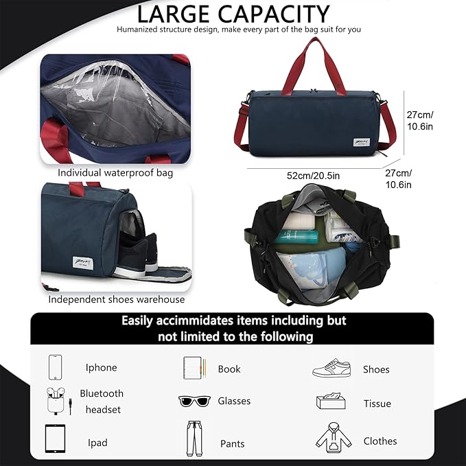 Gym Bags for Men with Side Pocket, 38L Sports Gym Duffle Bag with Wet Pocket&Shoe Compartment, Large Waterproof Sport Duffel Bags for Travel, Sports, Fitness&Workout(Navyblue)