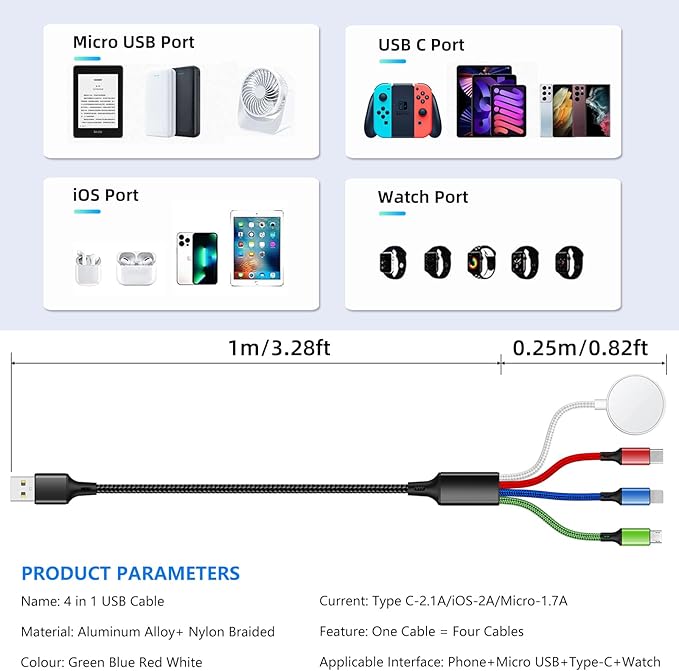 2Pack 4 in 1 iWatch & iPhone Charger for Travel, Multi Charging Cable for Apple Watch Charger Wireless USB C Micro Compatible with iWatch Ultra/SE/10/9/8/7/6/5/4/3/iPhone 16/15/14 Galaxy Android(4FT)