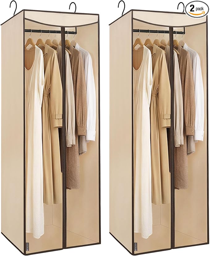 STORAGE MANIAC 57" Long Garment Bags for Hanging Clothes Garment Cover for Closet Storage, Large Hanging Garment Bag for Dresses, Suits, Coats, Zipper Cover with Sealed Clear Window, Beige 2 Pack
