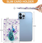 Yonlevres Credit Card Holder Slim Wallet, Peacock RFID Wallet Women Front Pocket Small Card Holder, Cute Travel Thin RFID Blocking Card Organizer Card Case ID Window PU Leather Girl Ladies