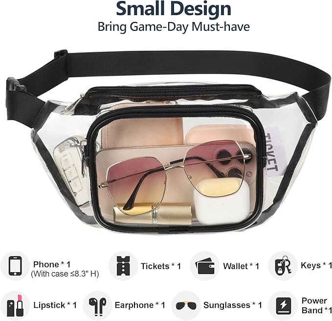 Veckle Clear Fanny Pack Stadium Approved - Adjustable 33-47 Inch Strap, Transparent Belt Bag for Women Men Fits 7.5-inch Smartphone, Waist Bag Clear Bag for Sport Events, Concerts, 2-Pack Black