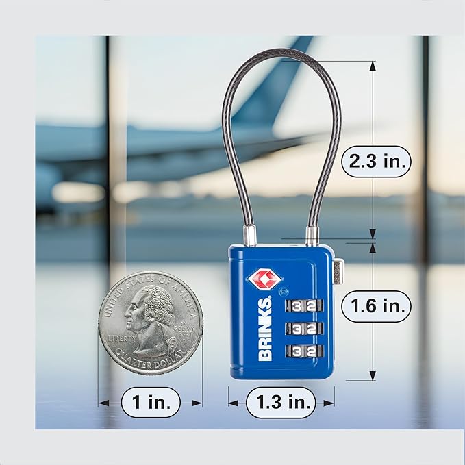 Brinks TSA Accepted Indicator Luggage Lock, Blue - Resettable 3-Dial Combination, 2.5 inch Long Cable Shackle, New More Secure TSA008 Key, 4 Pack