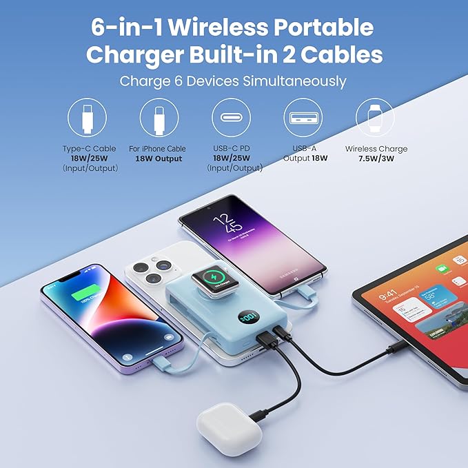 6 in 1 Magnetic Portable Charger for iPhone with Built-in Cables, 10800mAh 25W PD Fast Charging Power Bank, 6 Outputs LCD Display Travel Essential Battery Pack for iPhone 17/16/15/14/13/12 (Sky Blue)