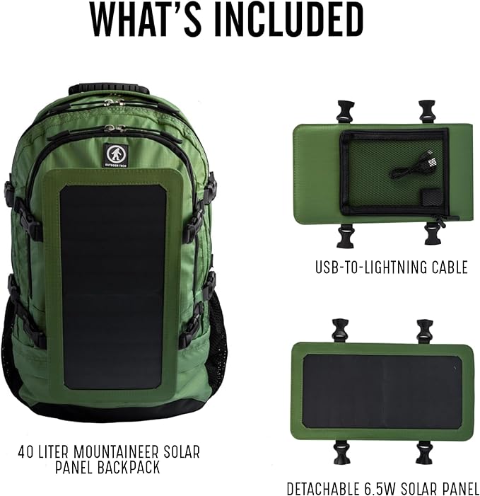 Outdoor Tech - Mountaineer Solar Backpack - Rugged 40L Outdoor Backpack with Flexible and Detachable 6.5W Solar Panel for Charging