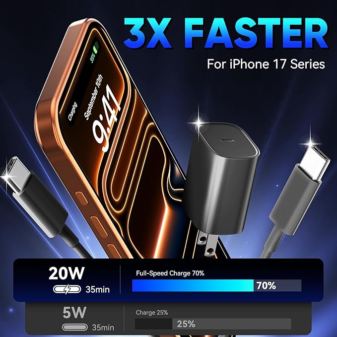 Phone 17 16 15 Pro Charger Fast Charging, 20W USB C Fast Charger Block with 12FT Long Type C Chargers Fast Charging Cable Cord for Phone 17/17 Pro/17 Pro Max/Air/16 Pro Max/16 Pro/15Pro Max/Pro, S24