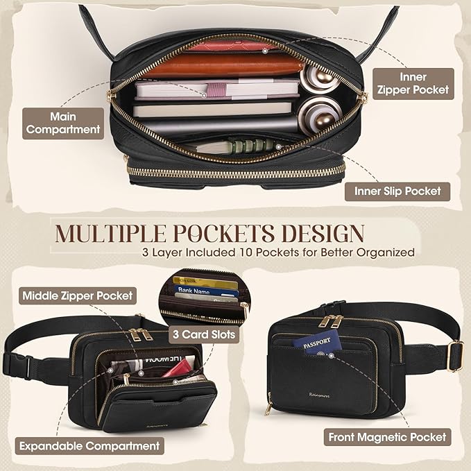 RAINSMORE Fanny Packs for Women, Leather Belt Bag Waterproof Everywhere Crossbody Waist Pack with Adjustable Strap Retro Sling Chest Bag for Work Running Travel Party, Black