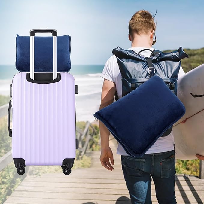 Travel Blanket, 2 in 1 Soft Flannel Airplane Blanket Warm Travel Blanket Pillow with Luggage Strap and Buckle, Portable Compact Flight Blanket for Cars Airplanes Camping 63x39 Inch (Navy)
