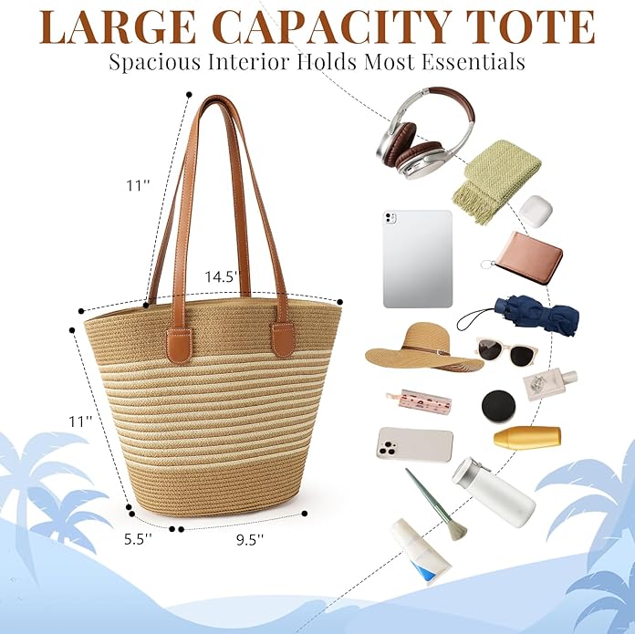 Beach Bags for Women, Summer Straw Beach Bag Straw Purse Shoulder Handbags Large Beach Tote for Summer Vacation