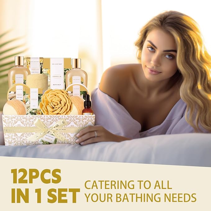 Spa Gift Baskets for Women, Spa Luxetique Spa Gifts for Women, Birthday Gifts Spa Kit, 12pc Vanilla Bath Set, Womens Self Care Mother's Day Gift