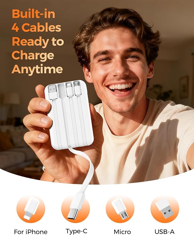 HAIARA 10000mAh Power Bank with 4 Built-in Cables,20W PD Fast Charging Portable Charger with LED Display,USB-C & USB-A Outputs,5 Devices Simultaneous Charging,External Battery Pack for iPhone-White
