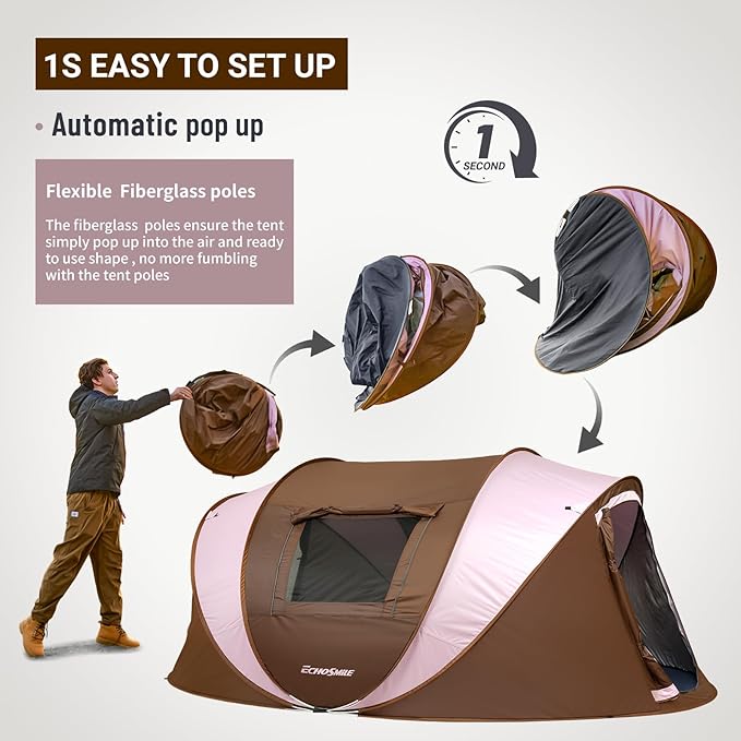 EchoSmile Pop Up Camping Tent, 2/4/6 Person Easy Setup Tent, Water Resistant Dome, Portable with Carry Bag