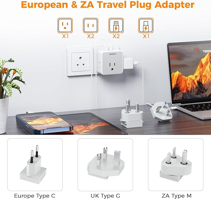 TESSAN All European UK Travel Plug Adapter Kit, International Detachable with 3 Outlet 3 USB(1 USB C), Type C/G/E/F/M EU Power Adaptor, US to Europe Greece Italy South Africa Spain Ireland