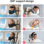 Novelty Patented Head-bobble-preventing Ergonomic 360° Supporting Memory Foam Travel Neck Pillow w/ 3D Contoured Eye Mask Sleeping Essentials Combo for Airplane Long Flight Train Bus Car Trip