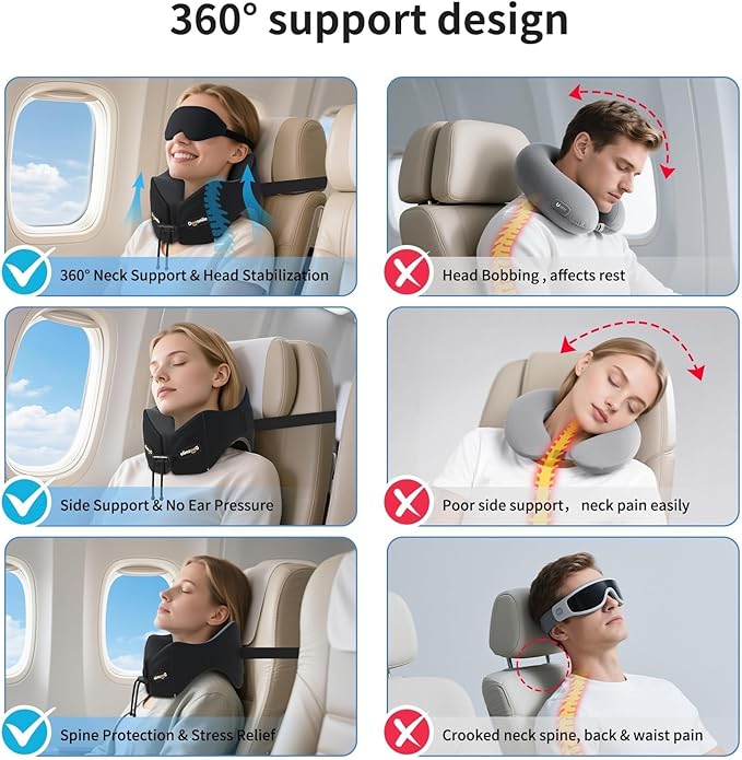 Novelty Patented Head-bobble-preventing Ergonomic 360° Supporting Memory Foam Travel Neck Pillow w/ 3D Contoured Eye Mask Sleeping Essentials Combo for Airplane Long Flight Train Bus Car Trip