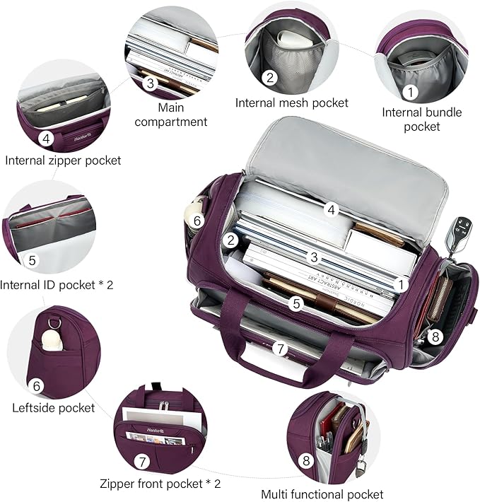 Hanke Small Travel Duffel Bag, Under Seat Carry On Personal Item Bag with 11 Pockets, Lightweight Water Resistant Foldable Weekender Bag with Trolley Sleeve for Travel Gym Daily Use（Purple）