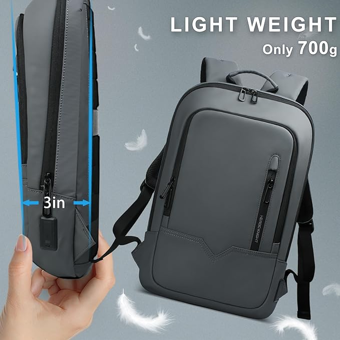 hk Backpack for Men Business Slim Backpack with USB Charger Computer Lightweight Anti-theft Travel (Dark Grey, 15.6 Inch)