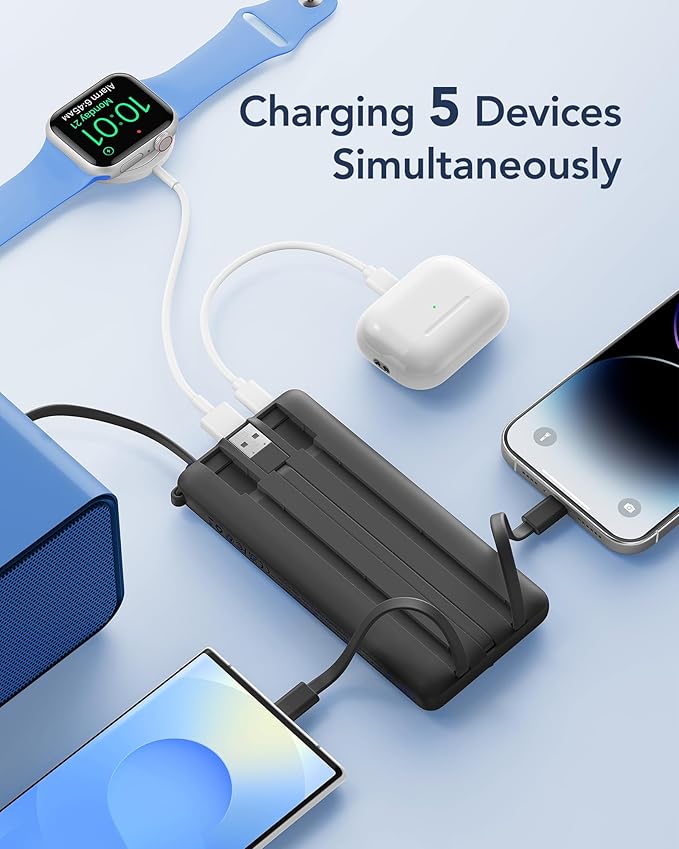 VRURC Portable Charger with Built in Cables, Slim Power Bank 10000mAh, USB C Travel Battery Pack, 5 Output 2 Input External Charging Bank for iPhone 17 16 15 14 13,Samsung,Android-Black(1 Pack)
