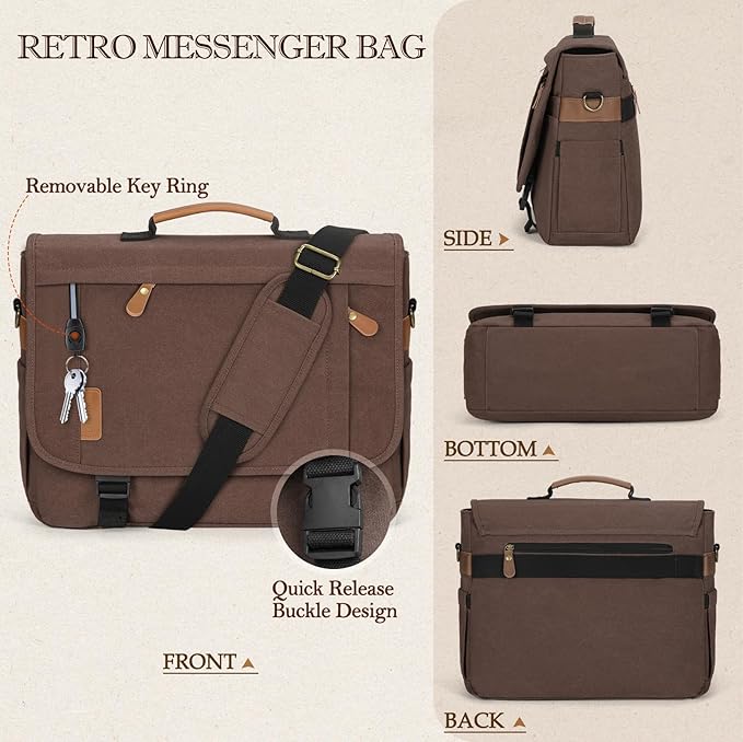 RAINSMORE Messenger Bag for Men 17-17.3 Inch Laptop Bag Water-resistant Canvas Computer Shoulder Bag Office Work Briefcase Large Casual Satchel Bags for Men Bookbag for College, Coffee