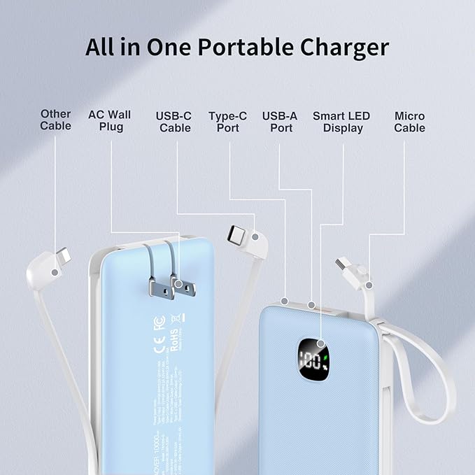 penaover Portable Charger with Built-in Cables&AC Wall Plug,Slim 10000mAh 22.5W Fast Charging Power Bank,5 Output 2 Input USB-C External Battery Pack Compatible with iPhones,Samsung,Android, etc