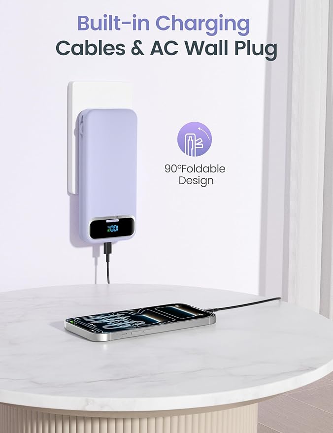 12000mAh Lightweight-Portable-Charger-Power-Bank with Built-in Cables and AC Wall Plug, PD20W USB-C Fast Charging Battery Pack, LED Display External Travel Phone Charger for All iPhone,Samsung,Android