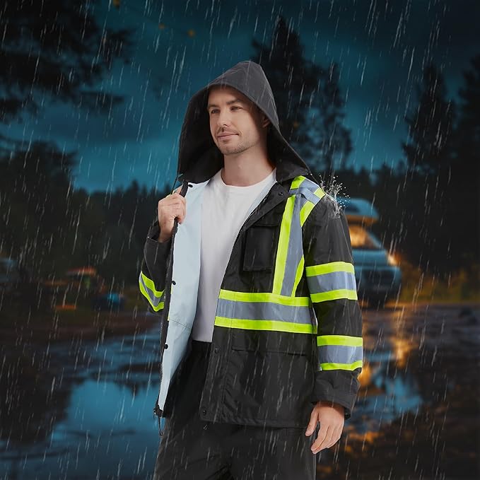 ProtectX High Visibility Waterproof Rain Gear for Men and Women, Hi Vis Reflective Safety Rain Jacket and Pant Suits Workwear