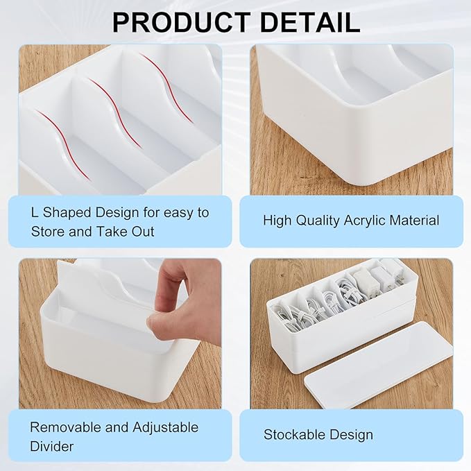 Tatuo 2 Pcs Cable Organizer Box with Wire Ties, Plastic Cord Storage Box with Lid, Electronics Organizer for Home Office Desk Organizers and Accessories (White)