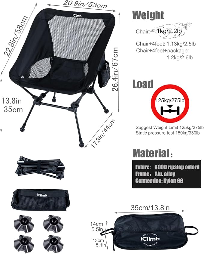 iClimb Ultralight Compact Camping Folding Beach Chair with Anti-Sinking Large Feet and Back Support Webbing (Black - Square Frame - 2PC)