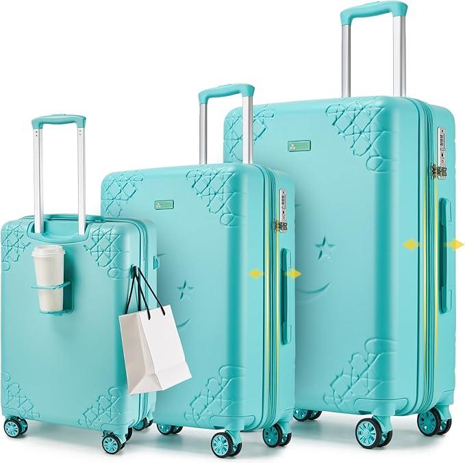 Somago 3 Piece Luggage Set with Cup Holder, Expandable 25% Capacity Suitcase with Shock-Absorbing Braking Spinner Wheels Moon Star Design Hardside Suitcase with TSA Lock (Robin Egg Blue,20/24/28 Inch)