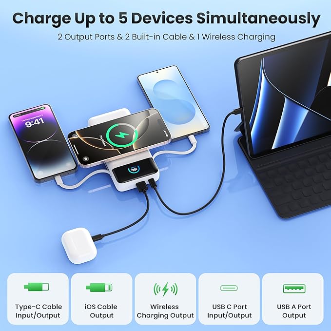 YHO Wireless Portable Charger 40800mAh for iPhone with Built-in Cables, 15W Wireless Charging USB C Power Bank,25W PD Fast Charging Travel Essential Battery Pack for iPhone 17/16/15,Android-White