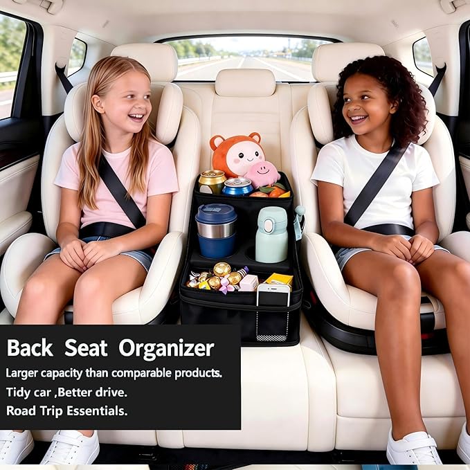 Car Seat Organizer Backseat and Passenger Seat Organizer with 9 Compartments 2 Cup Holders Car Organizer Front Seat Storage for Travel Kids，Black