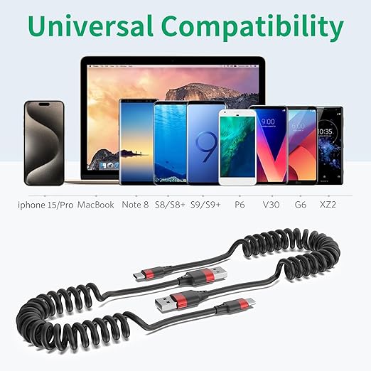 Coiled USB C Cable for Car, 2 Pack Type C Coiled Cable Fast Charging, USB to USBC Coiled Cable, USB C Car Charger Cord for iPhone 17 16 15, Samsung Galaxy S25 S24 S23 Ultra, Pixel 10 9