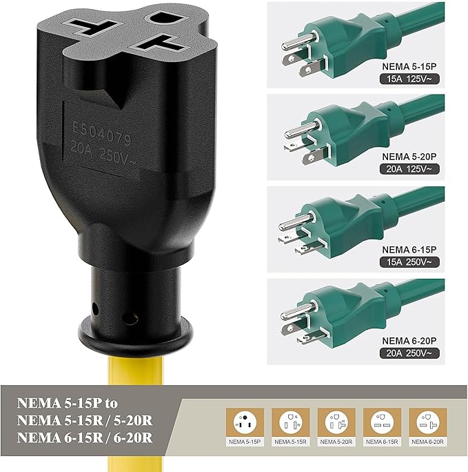 Right Angle Four-in-One 12AWG Heavy Duty 15 Amp Household AC Plug to 20 Amp T Blade Adapter Cable,5-15P to 5-20R/6-15R/6-20R, 4 in 1,15A 125V to 20A 250V Adapter Cable 6FT