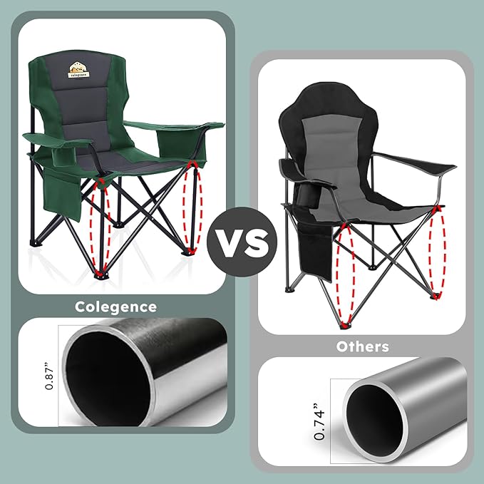 Colegence Oversized Folding Camping Chairs - 450 LBS Support Heavy Duty Camp Chair with Padded Cushion, Portable Outside Chairs with Carry Bag，Cooler, Cup Holder for Outdoor, Lawn, Sports - Green