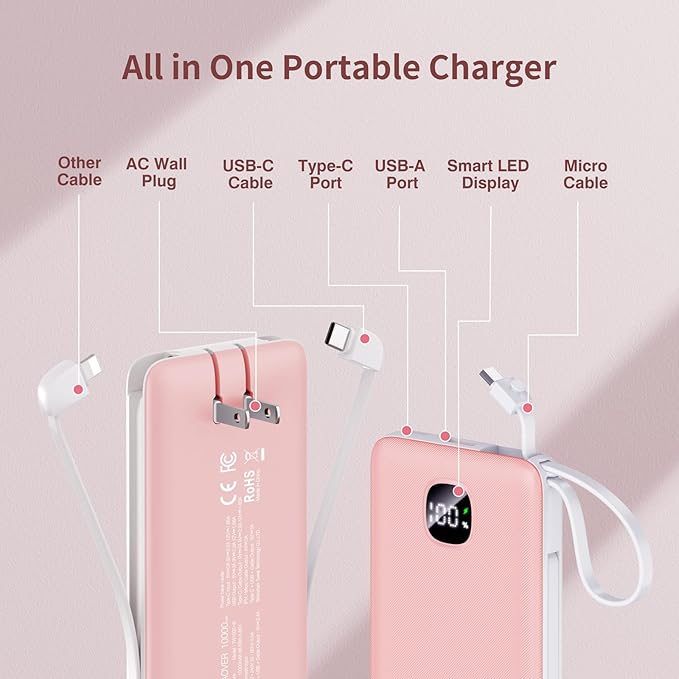 penaover Portable Charger with Built-in Cables&AC Wall Plug,Slim 10000mAh 22.5W Fast Charging Power Bank,5 Output 2 Input USB-C External Battery Pack Compatible with iPhones,Samsung,Android, etc