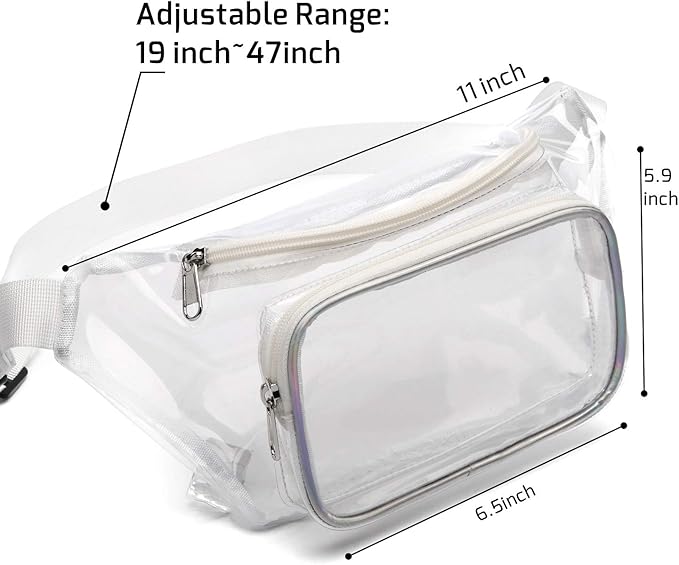 Veckle Clear Fanny Pack Stadium Approved - Adjustable 33-47 Inch Strap, Transparent Belt Bag for Women Men Fits 7.5-inch Smartphone, Waist Bag Clear Bag for Stadium Events, Sport, Concerts, White