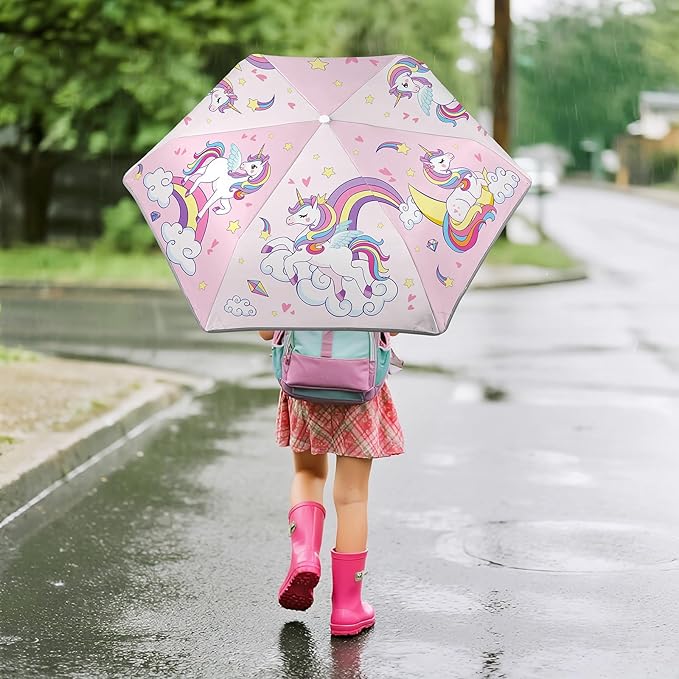 Kids Folding Umbrella Auto Open/Close Umbrellas for Rain Round Corner Safe Design UV Resistant Automatic Children Travel Umbrellas Reinforced Canopy 360° Reflective Strip Lightweight for Girls & Boys