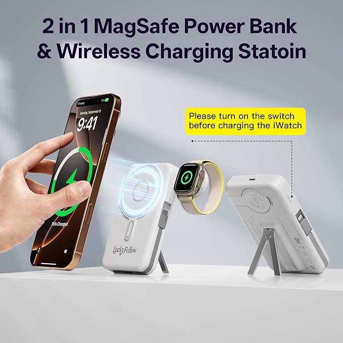 Magnetic Portable Charger Built-in Cables,10000mAh Fast Charging Wireless Charger Station External Battery Pack Slim Pocket Size Power Bank with Stand Compatible with iWatch, iPhone
