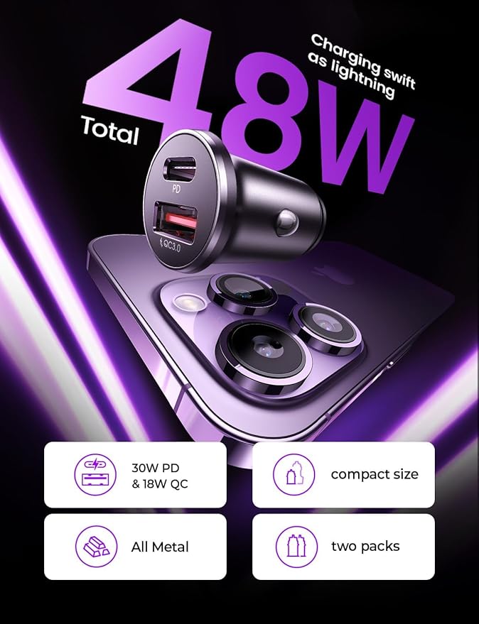 LISEN USB C Car Charger Adapter [2 Pack] [Mini & Metal] Cigarette Lighter USB Charger Fast Charging [PD QC 3.0] USBC Car Phone Charger for iPhone 15 Pro Max Plus 14 Samsung Galaxy S23 iPad Pro, Purple