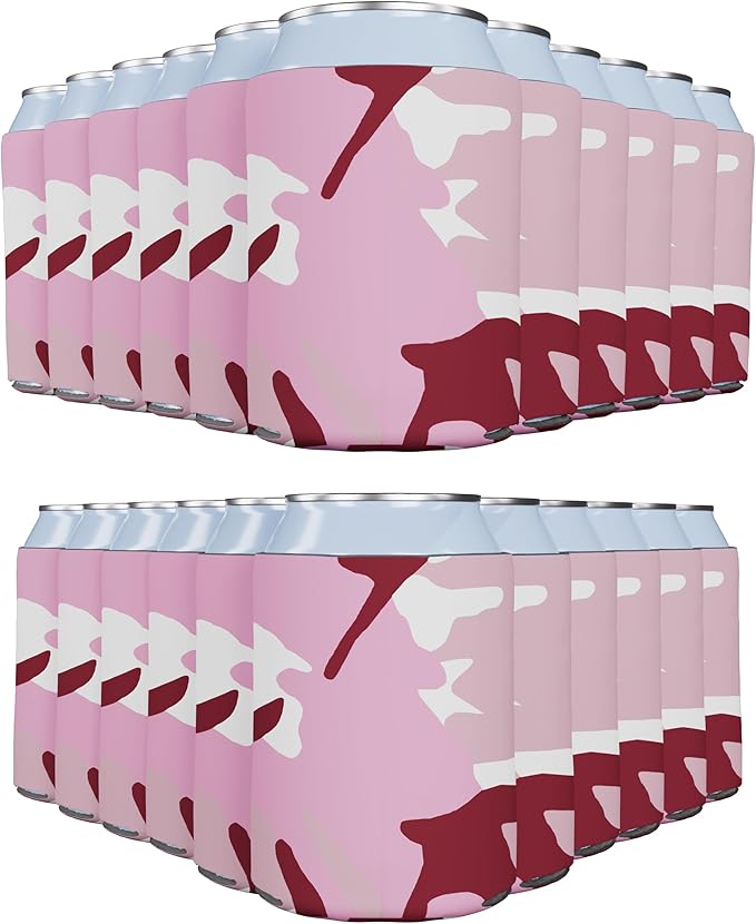 PartyPrints 100 Pack Camo Pink Blank Can Cooler Sleeves, Customizable Bulk Insulated Foam for Beer, Collapsible Plain Drink Holder, Cold Soda Insulator, 12oz Regular, 16oz Tall Cans