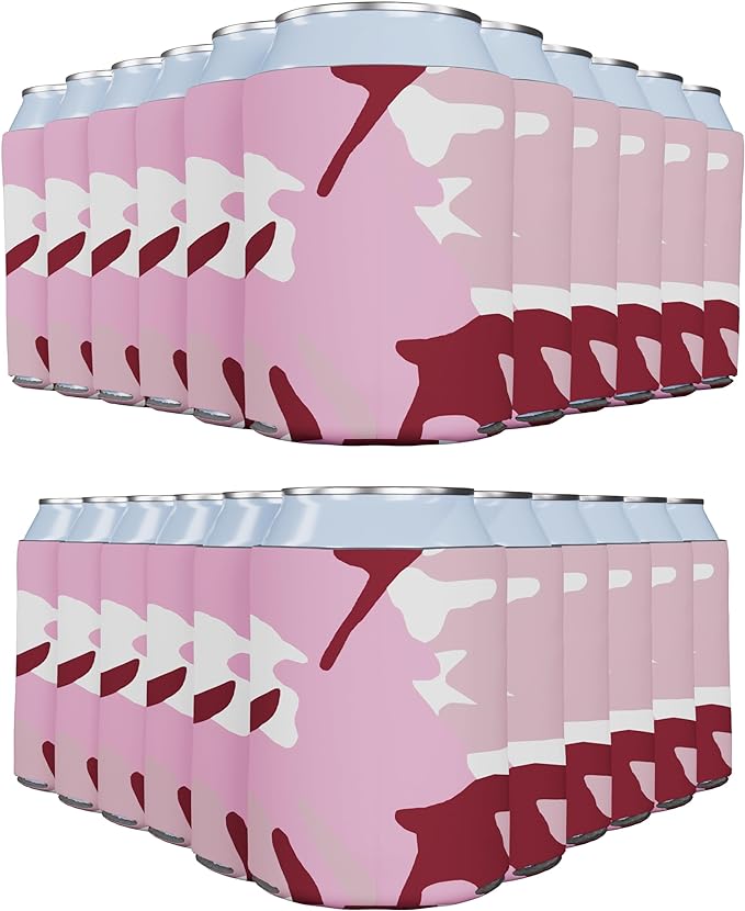 PartyPrints 200 Pack Camo Pink Blank Can Cooler Sleeves, Customizable Bulk Insulated Foam for Beer, Collapsible Plain Drink Holder, Cold Soda Insulator, 12oz Regular, 16oz Tall Cans
