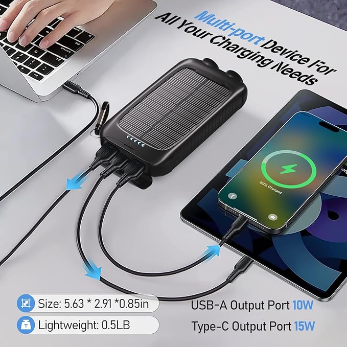 Portable Charger Solar Power Bank 20000mAh with USB-A and USB-C 5V/3A Output Port Black Battery Pack Compatible with iPhone, Samsung, Waterproof Emergency LED Flashlights Perfect for Camping, Hiking