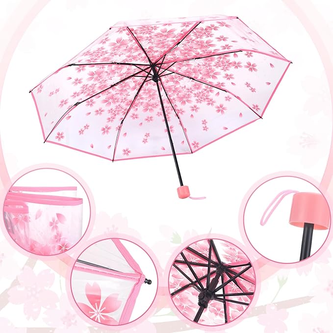 6 Pack Cherry Blossom Umbrella Clear Folding Travel Transparent Floral Rain Umbrellas For Adult Kids Girls Romantic Flower Wedding Decoration Auto Open Umbrella