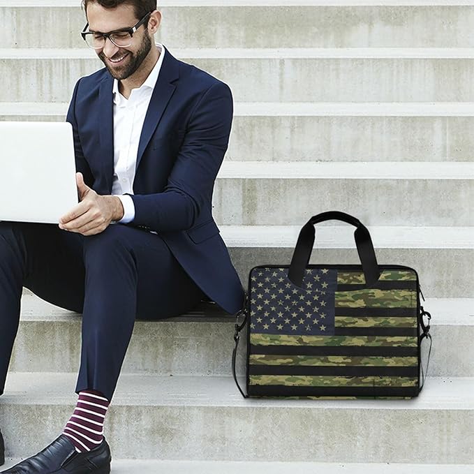 American Flag with Camouflage Grunge Laptop Bag Case 13 14 15.6 inch Laptop Messenger Bag Crossbody Briefcase for Men Women with Shoulder Strap Handle