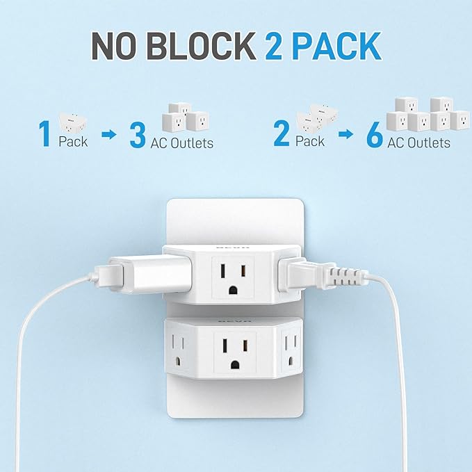 BEVA 2 Pack Small Electric Outlet Adapter, Multi Plug Wall Outlet Extender, 3 Prong Adapter 3 AC Plug Extender for Travel Cruise Ship Dorm Room Essentials