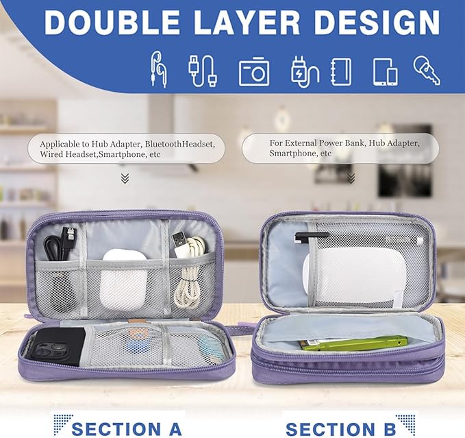 CAAORDKSO Travel Electronic Organizer Pouch Bag, Waterproof Portable Electronic Accessories Storage Multifunctional Case for USB, Cable, Cord, Charger, Phone, Power Bank, Earphone (Purple, Large)