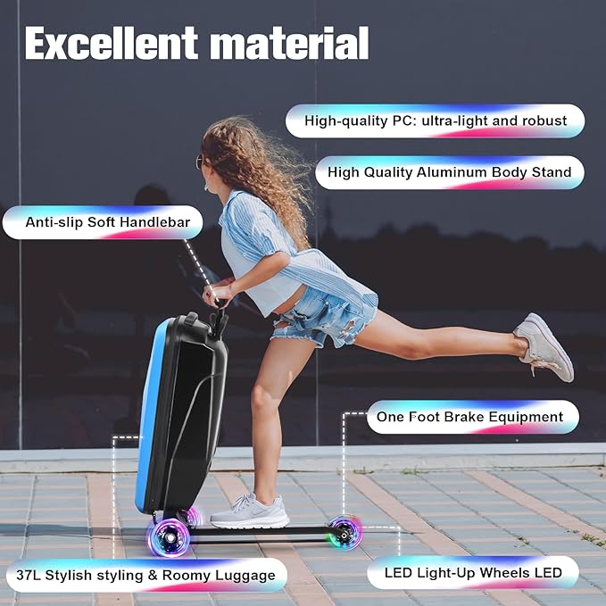 smilesun Scooter Luggage For Kids & Adults， Hardside Ride On Suitcase For Kids Ages 4-15 Multifunctional Lightweight Foldable Carry On Luggage With Wheels Ride On For Children Teenagers（Light Blue）
