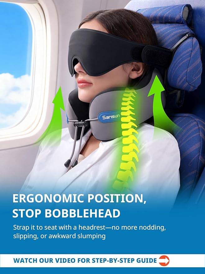 SARISUN Neck Pillow Airplane,Travel Pillow with Strap,Combo 3D Eye Mask for Sleep,Dual-Density Supportive Foam Travel Neck Pillow for Airplane Flights,Car Road Trip Travel Essentials Black