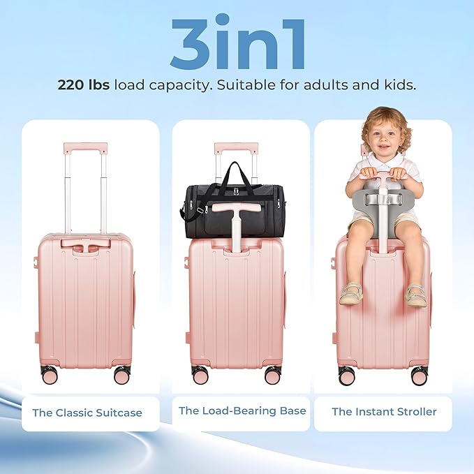 20" Ride-On Luggage with Child Seat, Hardside Carry-On Suitcase with 360° Silent Spinner Wheels, TSA Lock, & Dual Telescoping Handles for Kids & Adults & Busy Moms